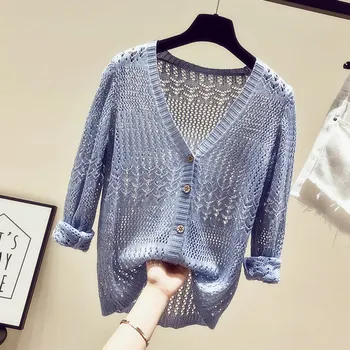 

Thin ice silk knitted cardigan hollow fairy loose 2019 summer dress new short sunscreen top clothes overfire CEC