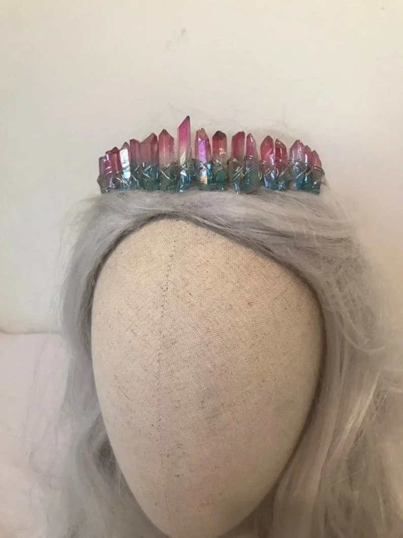 Кварцевый головной убор с кристаллами аура, элегантный пастельный Омбре, мерцающий Готический принцесса, фестиваль, тиара, головной убор