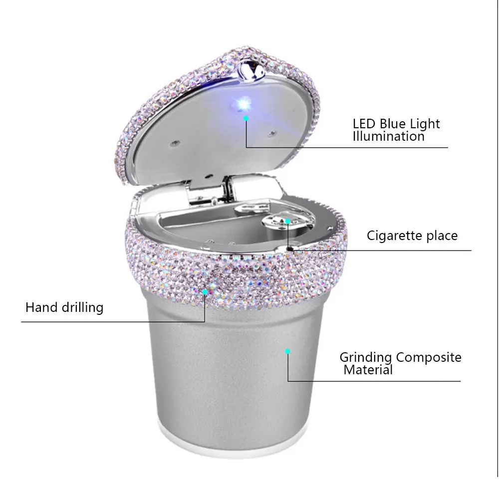

Car Ashtray Led Light Portable Luxury Crystal Diamond Ash Tray Ashtray Storage Cup Auto Car Truck for Girls Woman