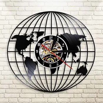 

World Earth Map Vintage CD Retro Clock 3D Globe Map of Earth Mounted Clocks Horloge Vinyl LP Wall Clock saat Free Shipping