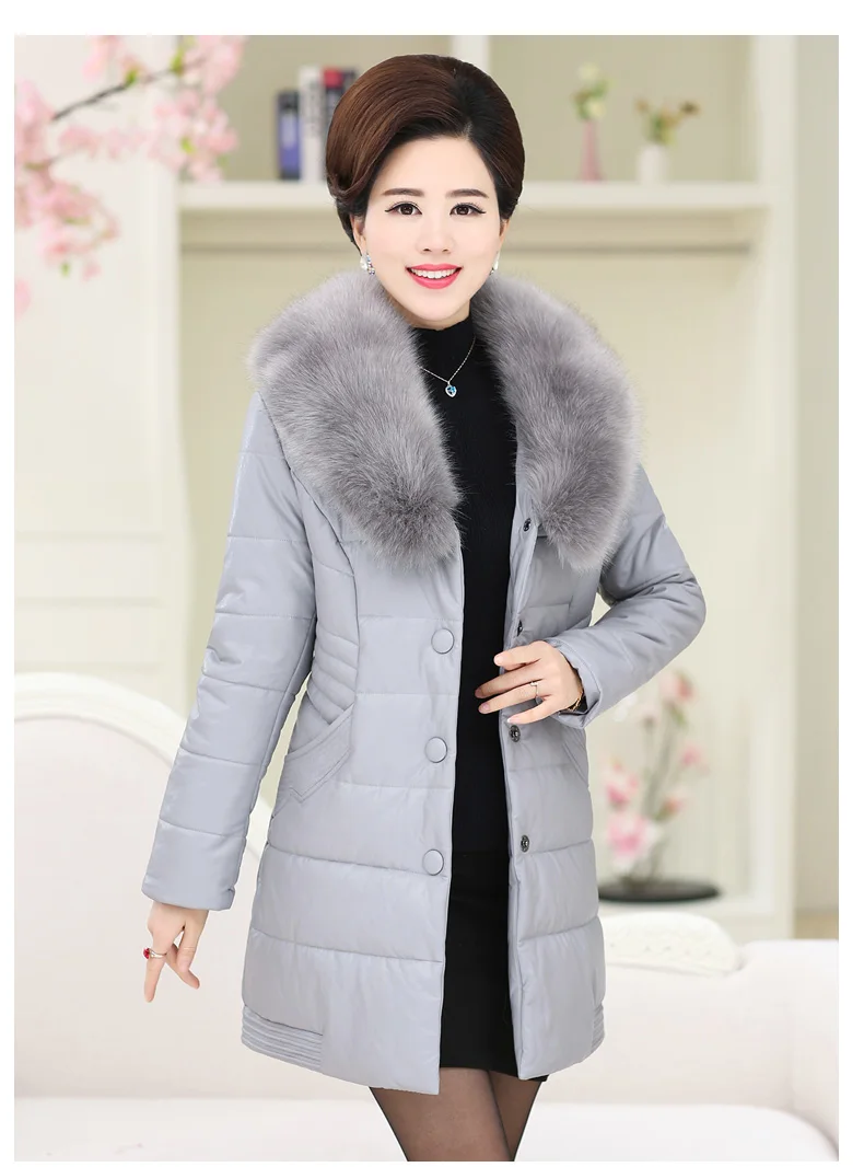 ASLTW XL-5XL Plus Size Long Leather Jacket Women New Winter Fur Collar Coat Women Single-breasted Cotton Pu Leather Jackets