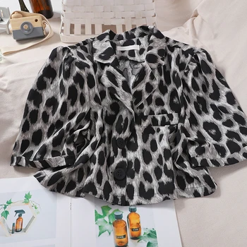 

fashion design leopard women shirts short high waist lantern sleeved turn-down collar sexy female outwear coat tops