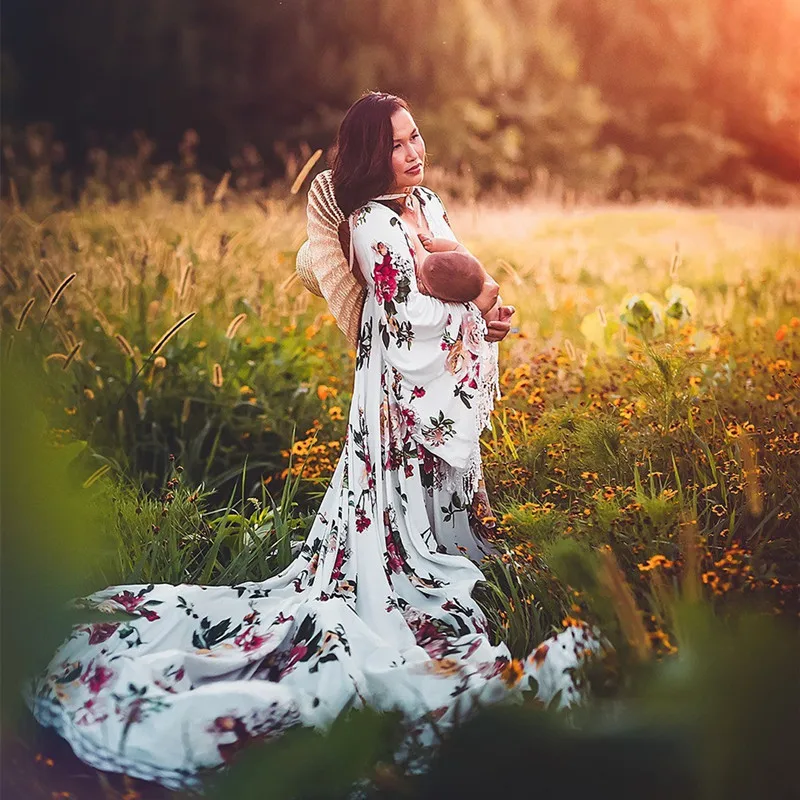 Floral Print Boho Dresses For Maternity Photography Props Vintage Flower Maternity Bohemian Dress For Photo Shoot maternity photography props for photo shoot scattered 8mm pearls studded mesh pregnant grown lace boho bridal fabric dresses