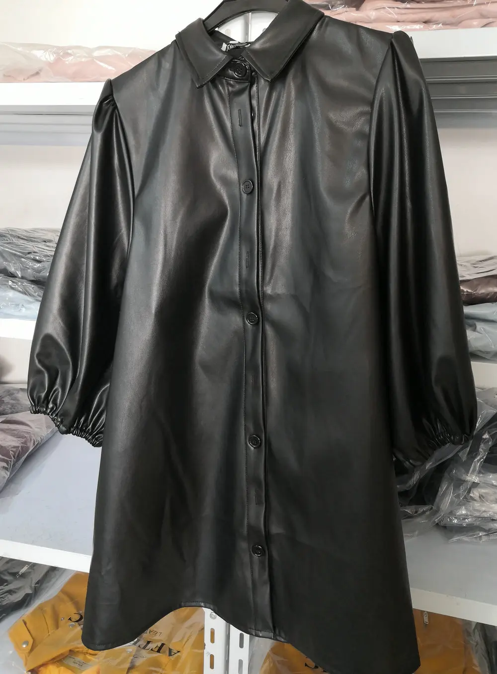 Black PU Faux Leather Short Sleeve TurnDown Collar Dress