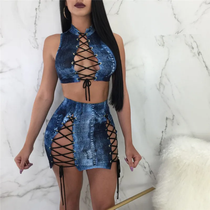 

Sexy Lace up Two Piece Sets Women Bodycon Dresses Summer Sleeveless Hollow Out Jeans Crop Top jeans Skirt Set Party Club Outfit