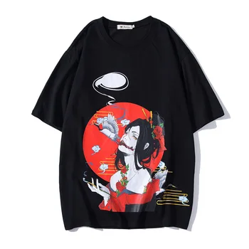 

High Street Japanese Loose Half-sleeved Couple T Shirt Chinese Style Harajuku Casual Summer Tshirts Oversize Hip Hop Cotton Tee