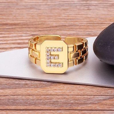 Arrival Fashion Gold Color Initial Ring Open Design Adjustable Hot Sale Watchband Chain A-Z Letters Zircon Rings For Women