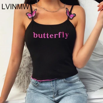 

LVINMW Sexy Spaghetti Straps Butterfly Labeling Letter Embroidery Backless Sleeveless Top 2020 Summer Women Slim Camis Street