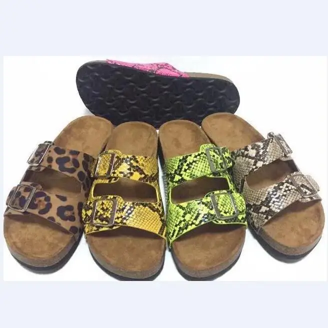 

Lady sandals women new flip flop outdoor travel beach shoes snake pattern double buckle bright color slippers pu flip flop