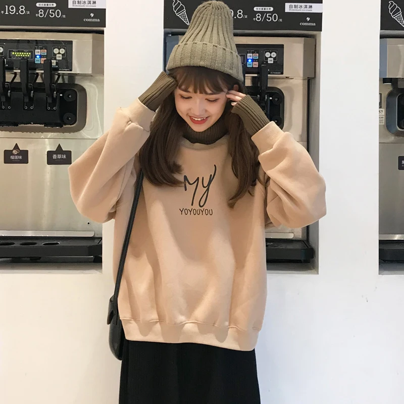 Ins fashion letters plus velvet thick sweatshirt women winter new Harajuku high collar loose hooded casual female sweatshirt