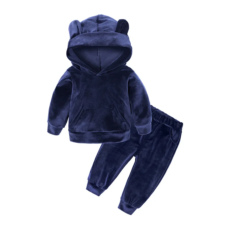 Sodawn Baby Girls Boys Clothing Sets Velvet Hooded 2pcs Sweat+Pants Toddler Costume Outfits Kids Clothes For Girl Boy Coat - Color: BT148-Blue