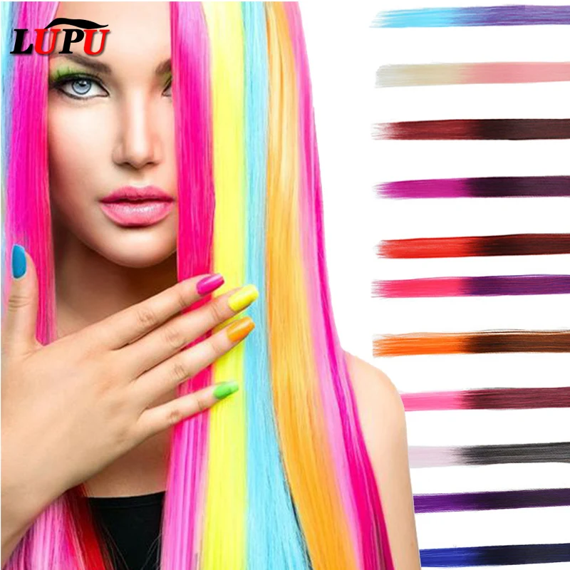 LUPU Colored Synthetic Hair Extensions Long Straight One Clip In One Piece Strips Rainbow Highlight Hairpiece For Women 22Inch