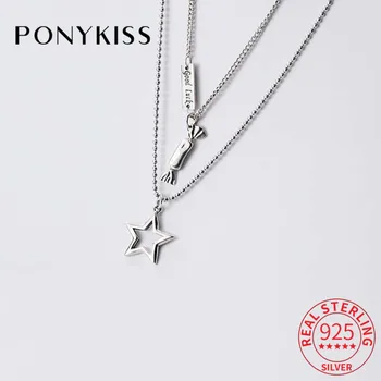 

PONYKISS Romantic S925 Sterling Silver Double Layer Hollow Stars and Candy Charms Choker Necklace Women Party Jewelry Accessory