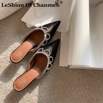 

Brand Shoes Women Mules Bling Bling Crystal Heels Woman Party Shoes Kitten Heels Ladies Mules Slip ons Shoes for Spring Summer