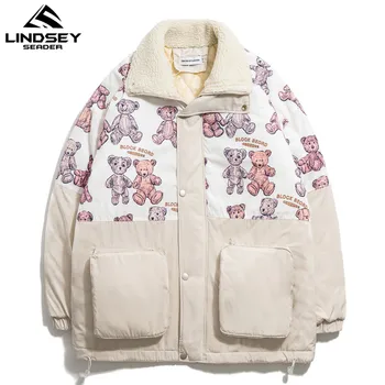 

LINDSEY SEADER Mens Teddy Bears Print Winter Parkas Warm Coat Streetwear Zipper Big Pocket Zip-Up Cotton Winter Casual Outwear