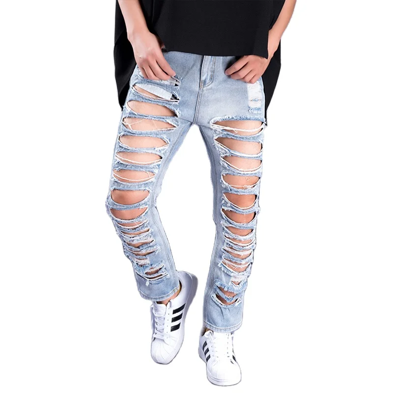 

Men's jeans European and American summer ripped nine minute pants slacks men's ripped jeans high Street hip hop British big size