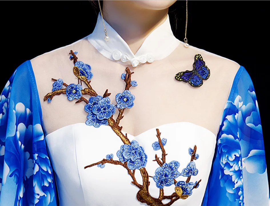 Китайский Улучшенный чёнсам Vestidos женский тонкий Qipao элегантный платок длинное вечернее платье guzheng сценические шоу