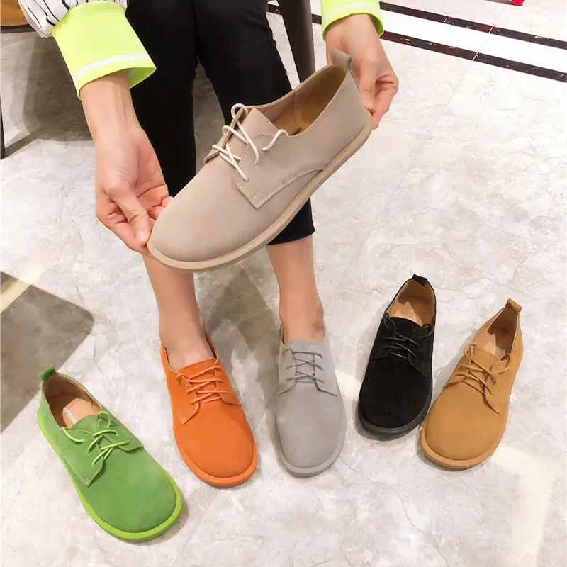 Spring & Summer Women's Shoes Vintage British Style Cow Suede Lacing Women Flats Round Toe Casual Candy Colors Oxfords OULYYYOGO | Обувь