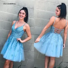 Vestido festa Небесно голубые шорты Выпускные платья спагетти v-образный вырез аппликации блестки корсет Назад платья для выпускного вечера