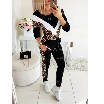 

2Pcs New Autumn Fashion Women Tracksuit Hoodies Sweatshirt Pants Gym Sport Wear Casual Leopard Suit Sweats Set