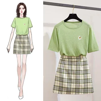 

Sweet School Daisy Embroidery Short Sleeve Top Plaid Mini Bodycon Skirt Cute Women's Suit Dress