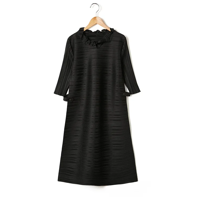 Черный Горячая Miyake складное платье однотонное tтри четверти кружево круглый воротник складка модное платье - Цвет: Черный