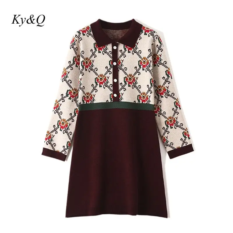 Brand Designer Luxury Women Winter A-line Dress 2020 Flower Embroidery Vintage Christmas Lapel Knit Sweater Pullover Clothes | Женская
