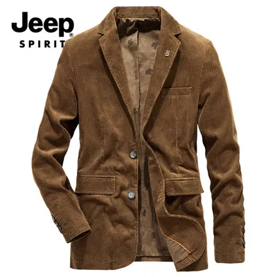 JEEP SPIRIT бренд осень мужской бейзер пиджак повседневное кордовое пальто для мужчин отложной воротник две пуговицы плюс размер M-4XL приталенный Блейзер - Цвет: Coffee
