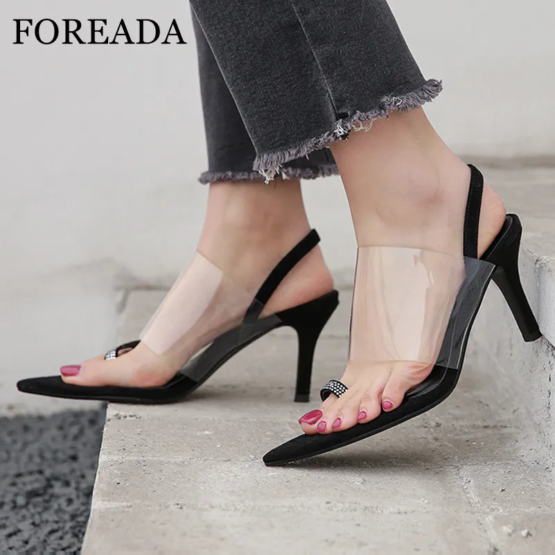 

FOREADA Natural Genuine Leather Flip Flop Sandals Thin Extreme High Heels Transparent Sandals Crystal Lady Party Shoes Black 40