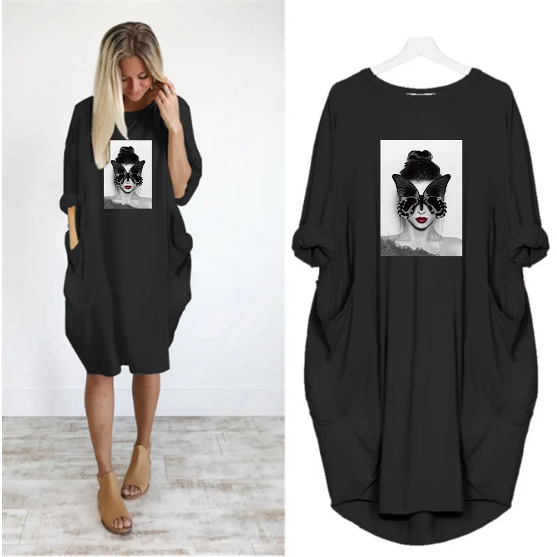 Plus Size Nordic Art Dress Butterfly Girl Cool Women Midi Dresses O-Neck Autumn Thin Long Sleeve Pockets Loose Party Vestidos