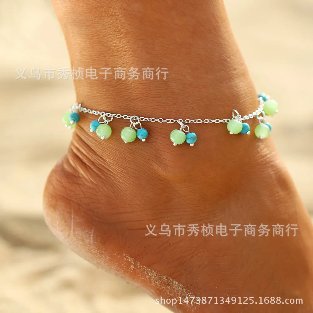 

Europe And America Beach Foot Chain Summer Cool Fresh Lime Green Acrylic Beads Turquoise Beads Tassels Single Layer Anklet