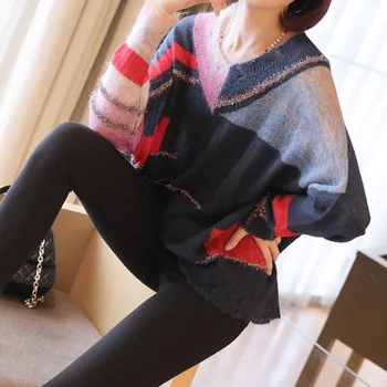 

V-neck Loose Large-size Lurex Sweaters Women's Korean Thin Autumn New-style Sweater Women's OL Pullovers Color Block