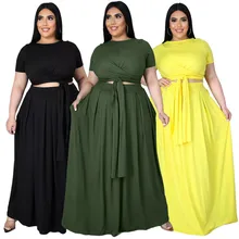Женский костюм большого размера 5xl, костюм с юбкой, однотонный укороченный топ с бандажной эластичной талией, летняя юбка макси, Прямая поставка Женский костюм большого размера 5xl, костюм с юбкой, однотонный укороченный топ с бандажной эластичной талией, летняя юбка макси, Прямая поставка