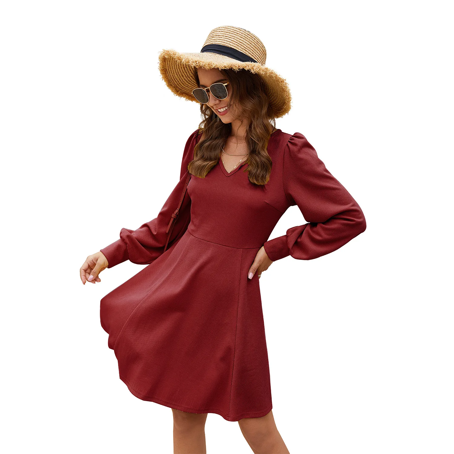

Automn Mini Dress Women Solid Color V Neck Full Long Puff Sleeve Office Lady Clothes Elegant Casual Empire Dresses Vestidos 2020