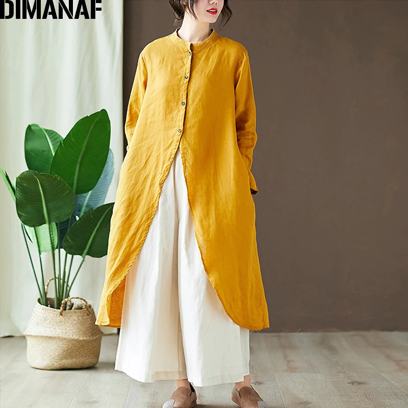 

DIMANAF Plus Size Women Blouse Shirts Vintage Long Sleeve Autumn Cotton Linen Female Solid Tops Tunic Loose Casual Clothing 2019