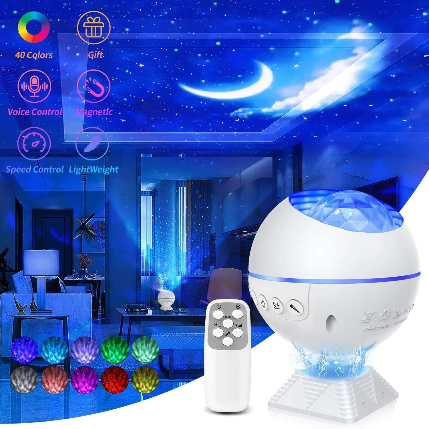 Ocean Wave Projector Night Lamp Starry Sky Projection Star Light Remote Control LED Galaxy Projector Bar Car Party Night Light