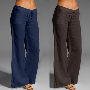 

Celmia 2020 Women's Vintage Linen Palazzo Wide Leg Pants Casual Elastic Waist Trousers Solid Loose Long Pantalon Mujer Femme 7
