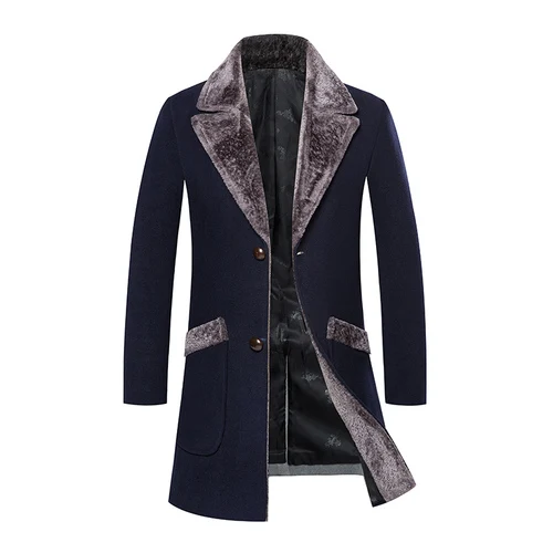 Fur collar windbreaker men's wool blend winter coat men's long section casual woolen coat men's slim warm windproof woolen coat - Цвет: Navy