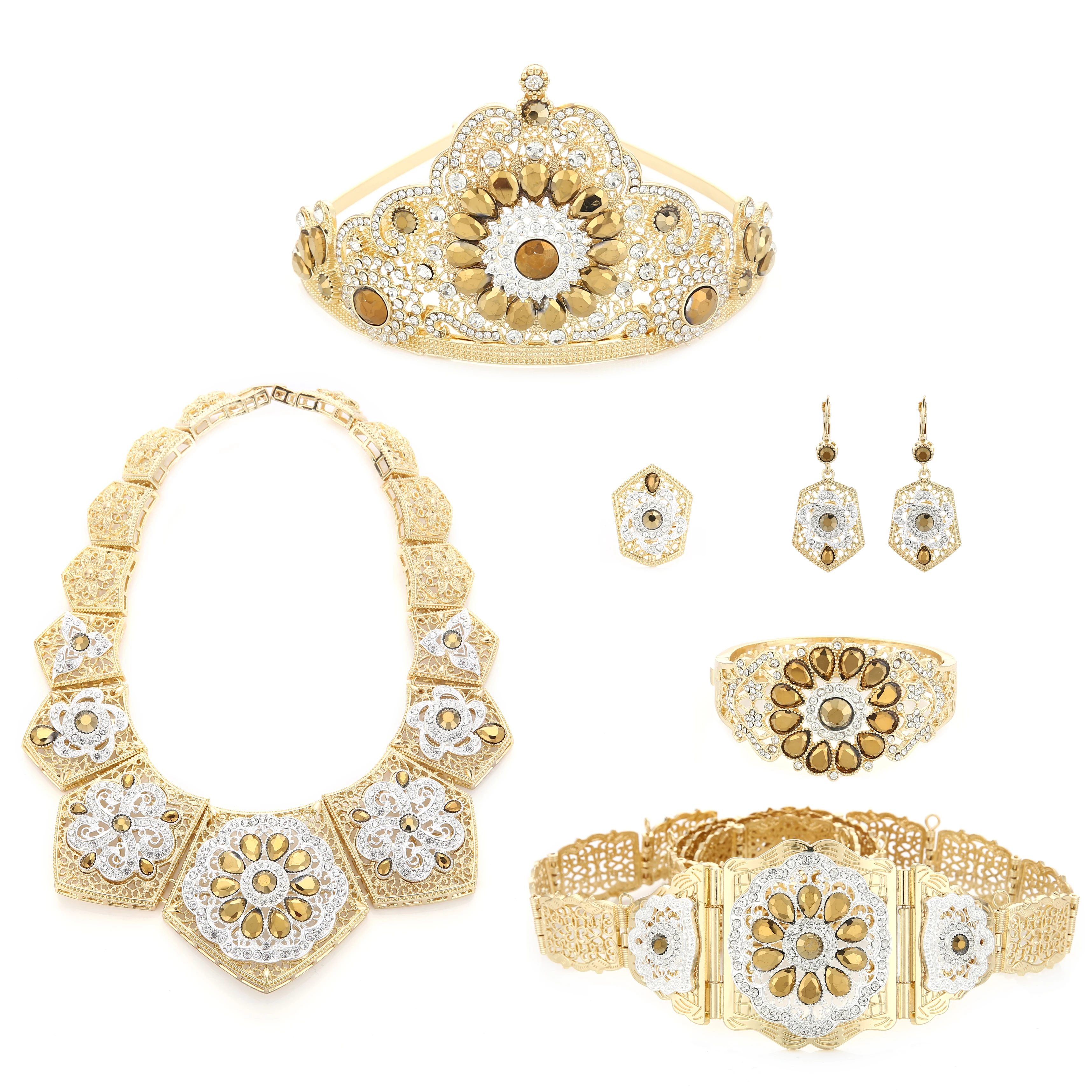 

Luxury Wedding Jewelry Set for Arab Muslim Women Set Of Six Pieces Of Jewelry Set With Colorful Crystal Golden Necklace