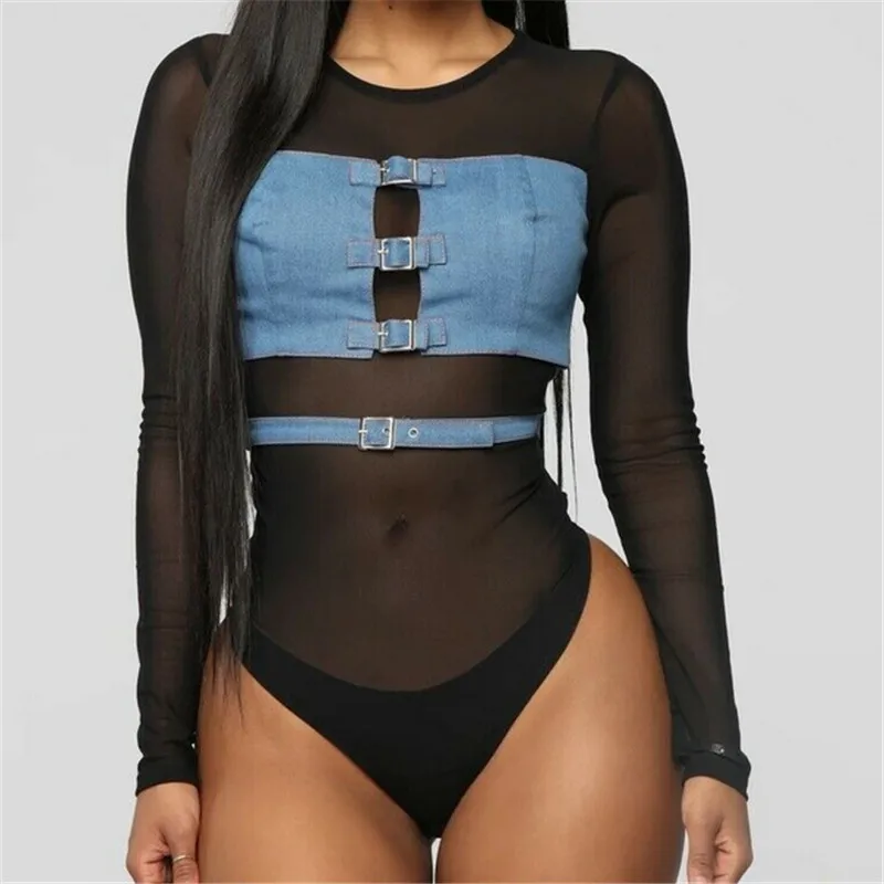 

Women Bodysuit Sexy Denim Bodycon Romper One Piece Jumpsuit Mesh Leotard Tops Playsuit Long Sleeve Bodysuits Woman Jumpsuit