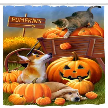 

Lovely Cats Dogs Fun & Pumpkins Cart Bathroom Shower Curtain Funny Durable Bath Waterproof 6072 inch