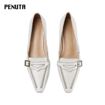 

2020 PENUTA Genuine Leather Vintage Shoes small square toe mary jane heels Ladies Buckle Pumps High Heel Shoes Beige Black G0124
