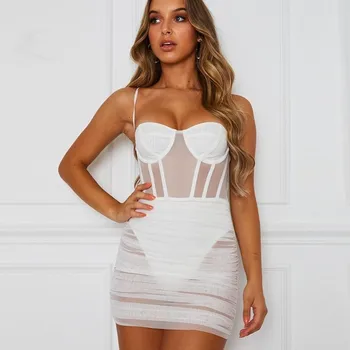 

Fantoye Mesh Sheer Sexy Bandage Lace Dress Women Summer See Through Pencil Bodycon Dress Female Patchwork Party Dress Vestidos