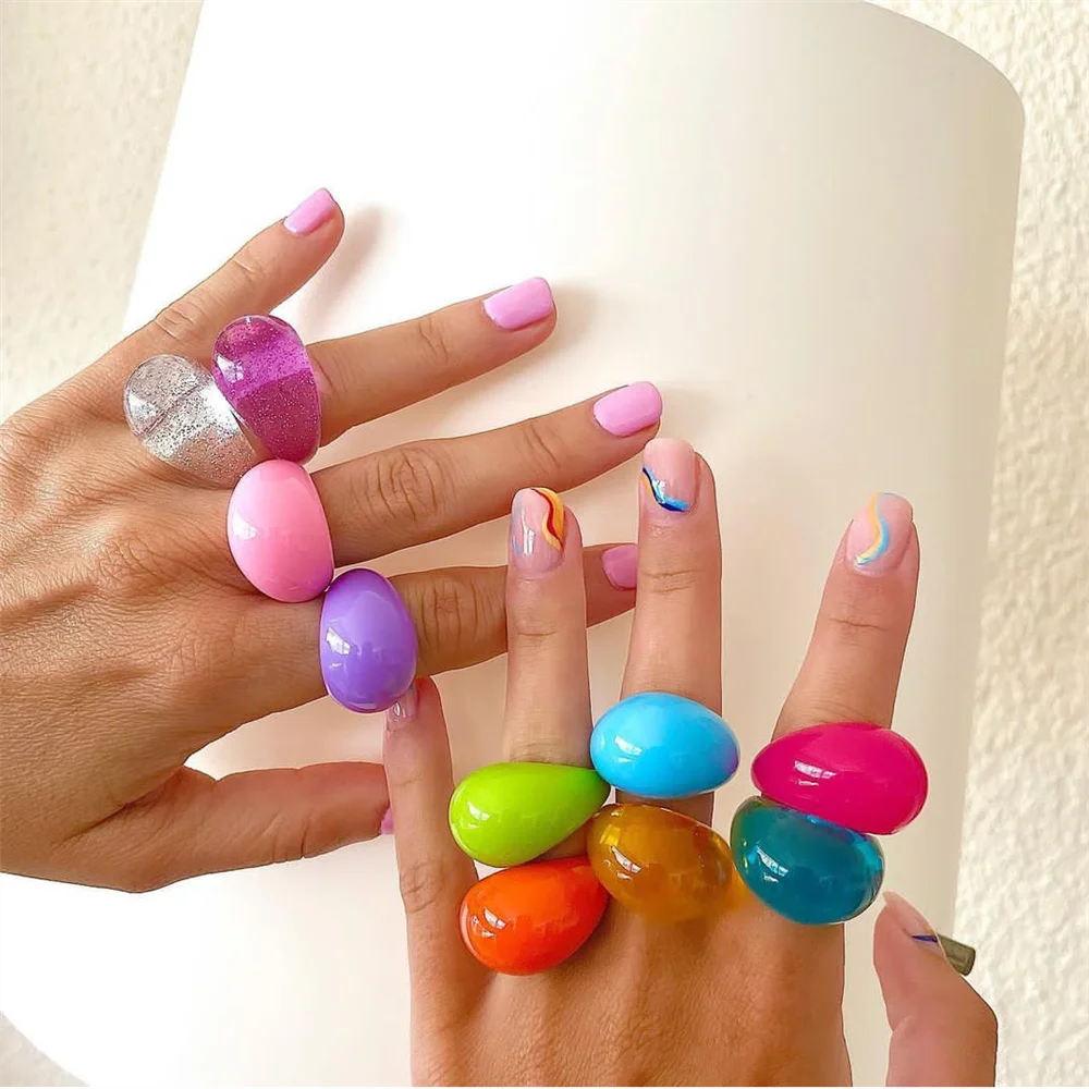 Summer Mutilcolor Transparent Acrylic Resin Water Droplets Shape Oval Rings for Women Girls Travel Jewelry finger ring adjustable rings jewelry accessories