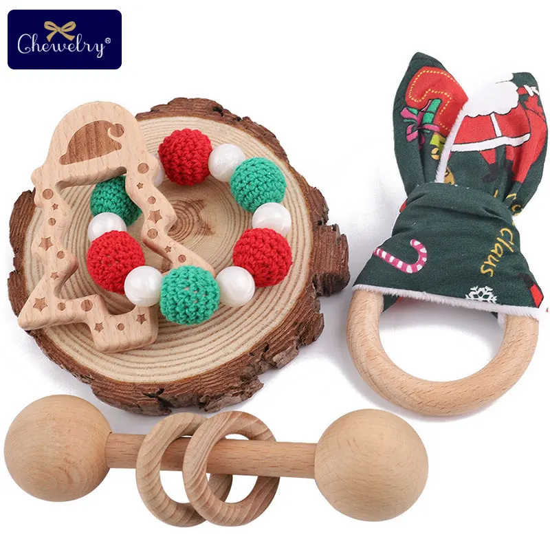 1 комплект, детский прорезыватель, Рождественская елка, бисер, подвеска, детские погремушки, уши кролика, браслет в подарок, кольцо из бука, дерево, подарки для детей