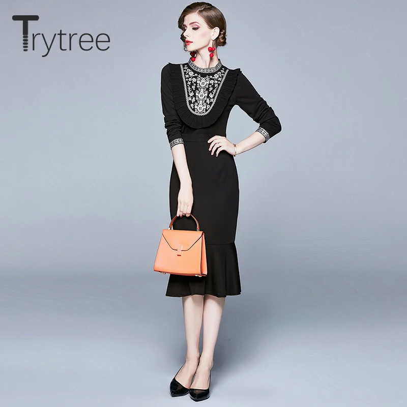 

Trytree 2019 Autumn Women Casual Dress O-neck Ruffles Embroidery Empire Sheath Fashion Elegant Zipper Mid-Calf Office Lady Dress