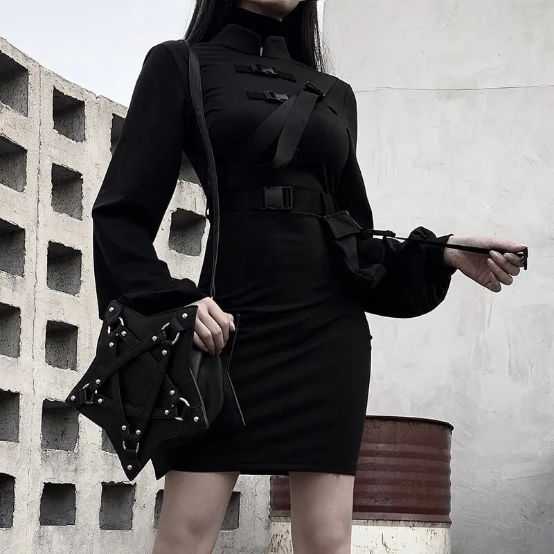 Ruibbit Панк Черная Пряжка мини облегающее платье Винтаж Cheongsam с длинным рукавом женское платье уличная готика женские платья