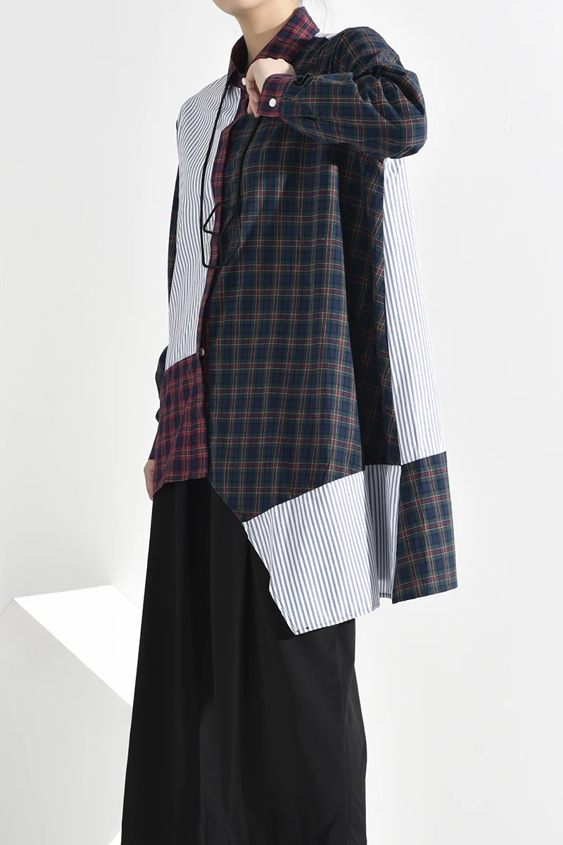 [EAM] Женская Асимметричная длинная блуза в клетку с разрезом, новая свободная рубашка с отворотом и длинным рукавом, модная весенняя Осенняя 1D07306