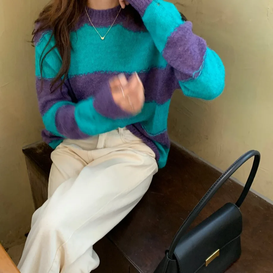 

Laziness Wind Mixed Colors Stripes Pullover Knitting Shirt Female 2020 Autumn Loose Versatile Slimming Crew Neck Long Sleeve Swe