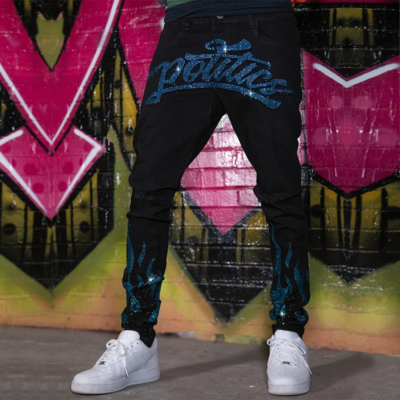 Men's Quilted Embroidered jeans Skinny Jeans Ripped Grid Stretch Denim Pants MAN Elastic Waist Patchwork Jogging Trousers | Мужская